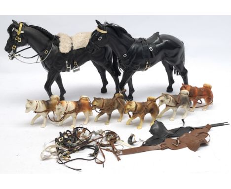 Palitoy Action Man vintage, loose/unboxed group to include (1) 2 x horses with saddlery; (2) 2 x Explorer Dog Teams with harn