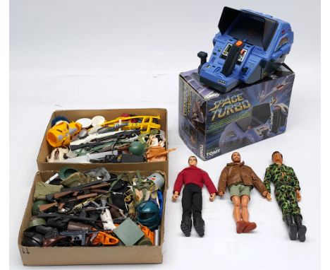 Action Man (and similar) group to include a quantity of Palitoy vintage loose part outfits, guns, helmets/hats, accessories; 