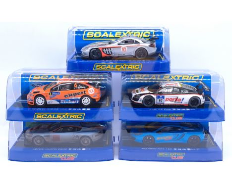 Scalextric, a group of 1:32nd scale Slot Racing Cars to include (1) C2965 Aston Martin DBR9; (2) C3232 Audi R8 LMS - Scalextr