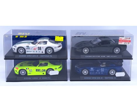 Fly Car Models, a group of 1:32nd scale Slot Cars to include (1) Dodge Viper - Le Mans 94; (2) Dodge Viper GTS-R - Daytona 96