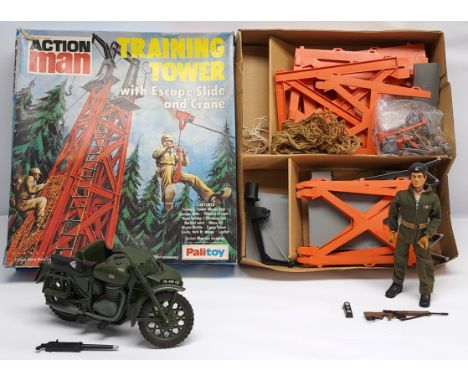 Palitoy Action Man vintage group to include (1) #34725 Training Tower with various components including sections, platform pa