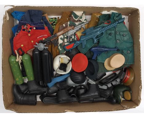 Palitoy Action Man vintage, a quantity of loose accessories to include part outfits, guns, boots, hats/helmets, plus other pa