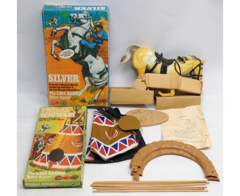Marx Toys - The Lone Ranger Rides Again! pair to include (1) Silver horse, includes stand, saddle, reins, stirrups, instructi