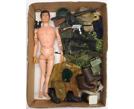 Palitoy Action Man vintage, unboxed group to include undressed flock hair, gripping hands figure plus various accessories inc