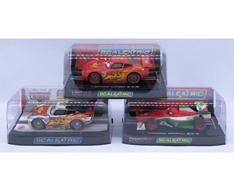 Scalextric Disney Pixar Group, 1:32nd Scale Cars to include (1) C3186 Lightning McQueen; (2) C3187 Francesco Bernoulli; (3) C