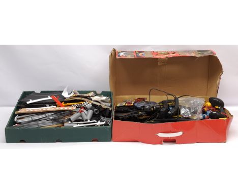 Scalextric (or similar) loose track, hand-held controllers, slot cars and accessories, not tested or checked for completeness