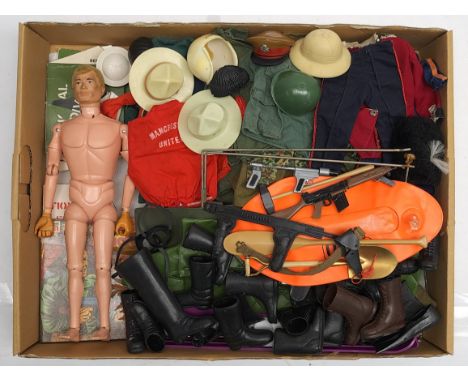 Palitoy Action Man vintage, unboxed group to include undressed flock head, gripping hands figure, plus various accessories in