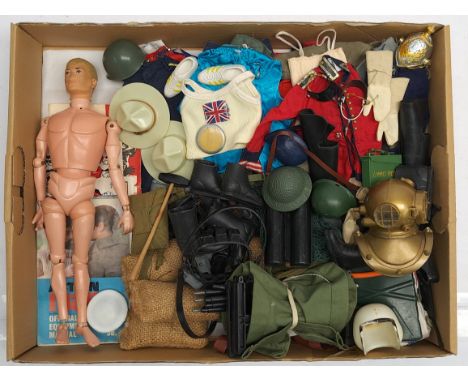 Palitoy Action Man vintage, unboxed group to include undressed flock head, plastic hands figure, plus various accessories inc