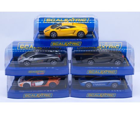 Scalextric Lamborghini Gallardo Group, 1:32nd Scale Cars to include (1) C2810 "Yellow"; (2) "Grey(Drift)"; (3) C2876 "Polizia