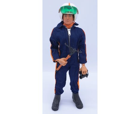 Palitoy Action Man vintage loose Helicopter Pilot, dark flock hair, gripping hands, dynamic body, wearing flight suit, helmet