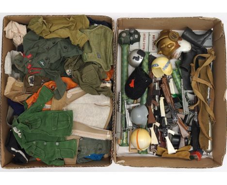 Palitoy Action Man vintage loose DAMAGED clothing/accessories to include guns, various part outfits, helmets/hats plus others
