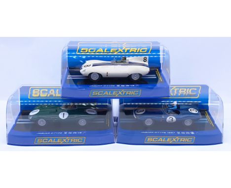 Scalextric Jaguar D-Type Group, 1:32nd Scale Cars to include (1) C3205 1957 Le Mans Winner - Ron Flockart &amp; Ivor Bueb; (2