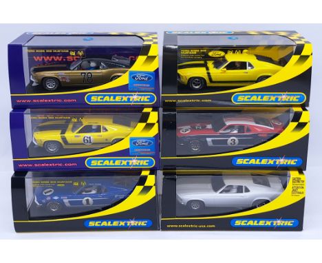 Scalextric Ford Mustang Group, 1:32nd Scale Cars to include (1) C2450 '69 - Plain White; (2) C2545 "Modelzone" No.3; (3) C257