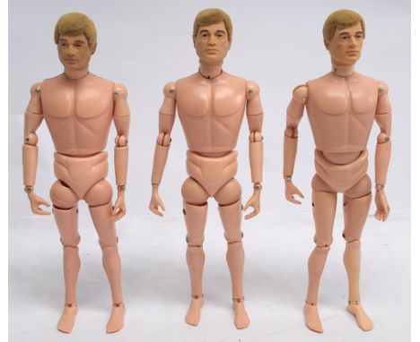 Palitoy Action Man vintage group of flock hair, plastic hands figures with Rare Brown Eyes, loose/undressed, generally Fair t