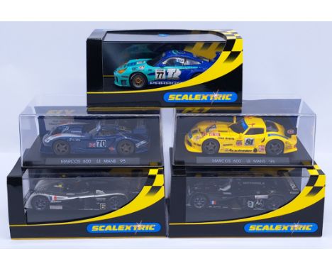 A group of 1:32nd scale Racing Slot Cars to include (1) Scalextric C2274 Porsche 911 GT3R; (2) Scalextric C2340 Cadillac Nort