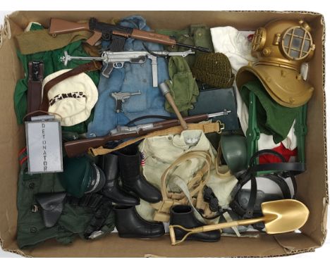 Palitoy Action Man vintage loose clothing/accessories to include guns, various part outfits, helmets/hats plus others - see p