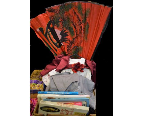 Textiles - an Audi workshop jacket; a large Oriental fan; handbags; childrens bridesmaids dresses; etc.; a small quantity of 