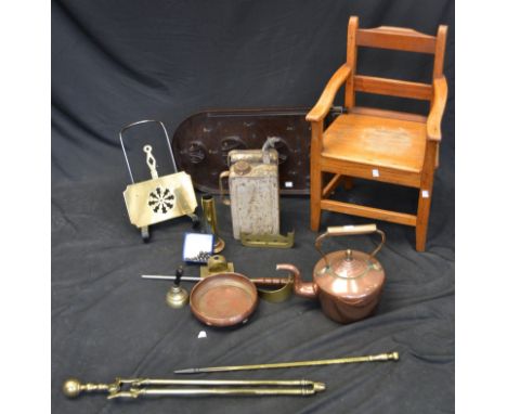 Metalware - a Victorian copper kettle; brass fire irons; trivet; oil can, Valour; a Bakelite bagatelle board; child's side ch