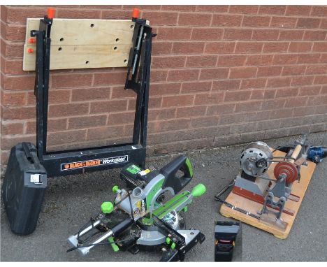 Tools - a wood turning lathe; work top circular saw Evolution Fury 3 210mm multipurpose tct sliding metre saw; Ryobi 18v cord