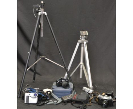 Photographic Equipment - a Zenit camera; a Practika camera in soft case; a Velbon tripod; another, similar 