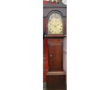 A George III oak and mahogany longcase clock, 33cm arched painted dial with Roman numerals, the arch painted with an allegory