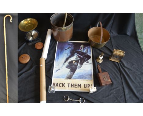 Boxes and Objects - a copper coal bucket; a brass jam pan; a set of Salter Family Scales; a pine alms box; a Rapport carriage