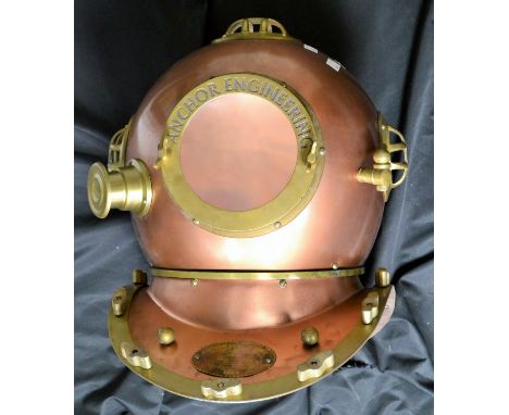 A reproduction copper diver's helmet