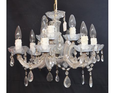 Lighting - a 20th century chandelier, three branch over five branch with faceted droplets