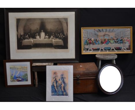 A tin trunk; wooden stools; oval mirror; large engraving, La Cene; limited edition print (8)