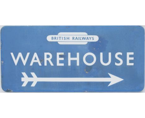 BR(SC) FF enamel direction sign WAREHOUSE with British Railways totem and right facing arrow. In good condition with some are