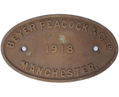 Worksplate BEYER PEACOCK &amp; CO LD 1918 MANCHESTER. Ex Cambrian Railway 15 class 0-6-0 supplied to the Cambrian in June 191
