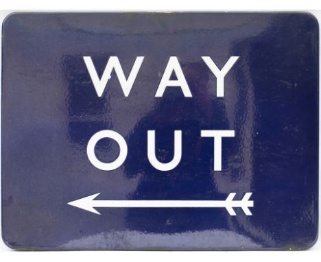BR(E) FF enamel station sign WAY OUT with left facing arrow. In very good condition with minor edge chipping measures 24in x 