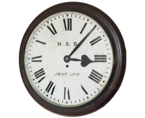 Norfolk &amp; Suffolk Joint Railway 16in dial teak cased railway clock with a cast brass bezel with the clock number 3653 scr