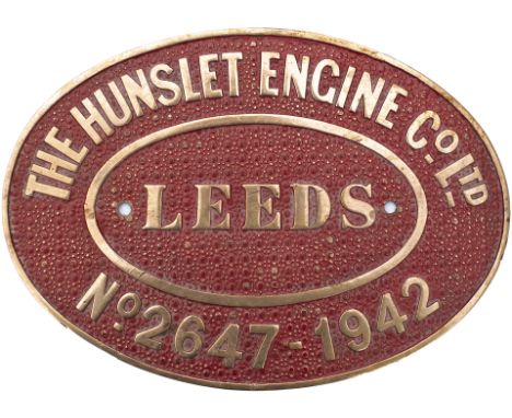 Worksplate THE HUNSLET ENGINE CO LTD LEEDS No 2647 1942. Ex 0-4-2T supplied new to the Gledhow Sugar Estate Natal South Afric