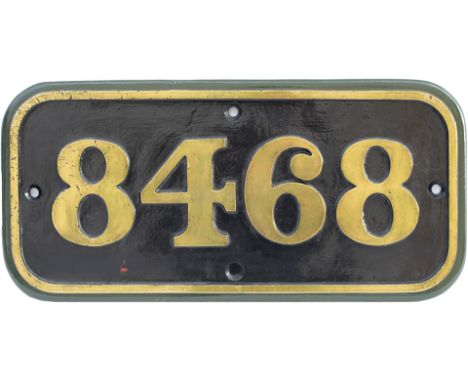 BR-W brass cabside numberplate 8468 ex BR-W Hawksworth 0-6-0 PT built by the Yorkshire Engine Co in 1951. Allocated to 84E Ty