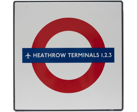 London Transport FF enamel sign HEATHROW TERMINALS 1, 2, 3. In excellent condition measures 28in x 27in.
