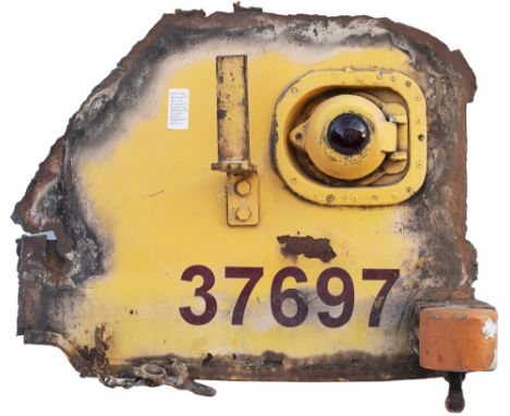 Flamecut front corner panel 37697 ex British Railways Diesel Class 37 built in 1964. In as cut condition complete with marker