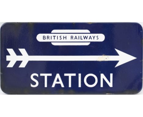 BR(E) FF enamel direction sign STATION with British Railways totem at the top and right facing arrow. Measures 21in x 10.5in 