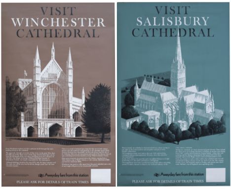 A pair of posters BR(S) VISIT WINCHESTER CATHEDRAL and BR(S) VISIT SALISBURY CATHEDRAL, both by R. Lander. Double Royals 25in