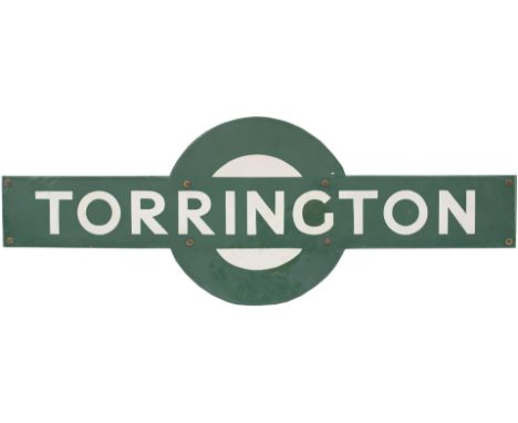 Southern Railway enamel Target station sign TORRINGTON from the former London &amp; South Western Railway station at the end 