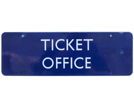 BR(E) enamel doorplate TICKET OFFICE. In very good condition with a couple of minor chip repairs. Measures 18in x 6in.