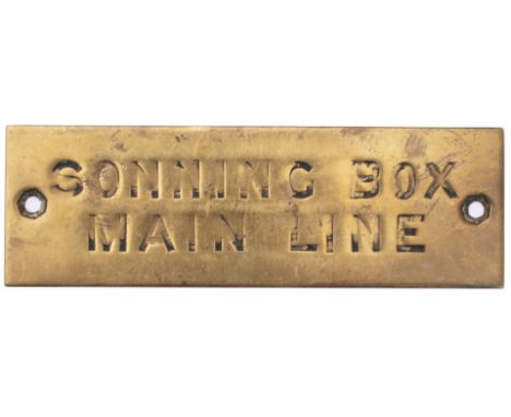 GWR hand engraved brass shelf plate SONNING BOX MAIN LINE. In very good condition with original black wax infill. Measures 4.