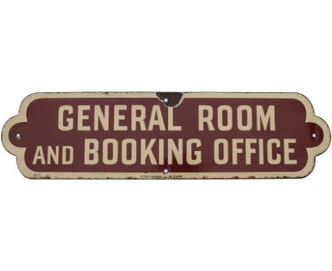 North Eastern Railway enamel doorplate GENERAL ROOM AND BOOKING OFFICE. In good condition with one face chip. Measures 20in x