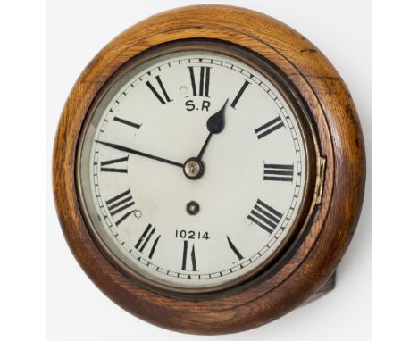 Southern Railway 8 inch oak cased fusee railway clock with a rectangular plated wire driven English fusee movement, supplied 