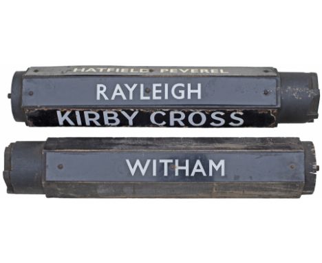 A pair of GER/LNER Liverpool Street Station indicator board wooden rollers with the following locations; KIRBY CROSS (enamel)