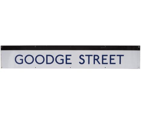 London Underground enamel frieze sign GOODGE STREET measuring 60.5in x 10in. In excellent condition.