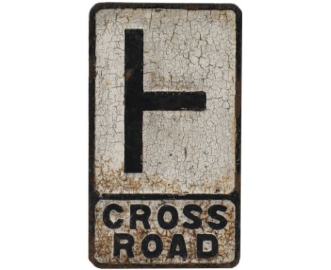 Road sign CROSS ROADS strangely depicting a l- junction. Rectangular cast iron in original condition complete with rear mount