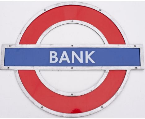 London Underground enamel target/bullseye sign BANK in original aluminium frame. Measures 24in x 19in and is in excellent con