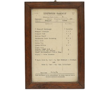 Southern Railway Isle Of Wight signal box bell code notice dated 31.5.58 for the section NEWPORT to COWES. Lists Newport, Med