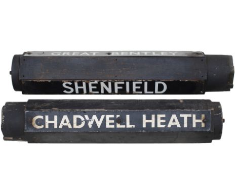 A pair of GER/LNER Liverpool Street Station indicator board wooden rollers with the following locations; SHENFIELD (enamel) G